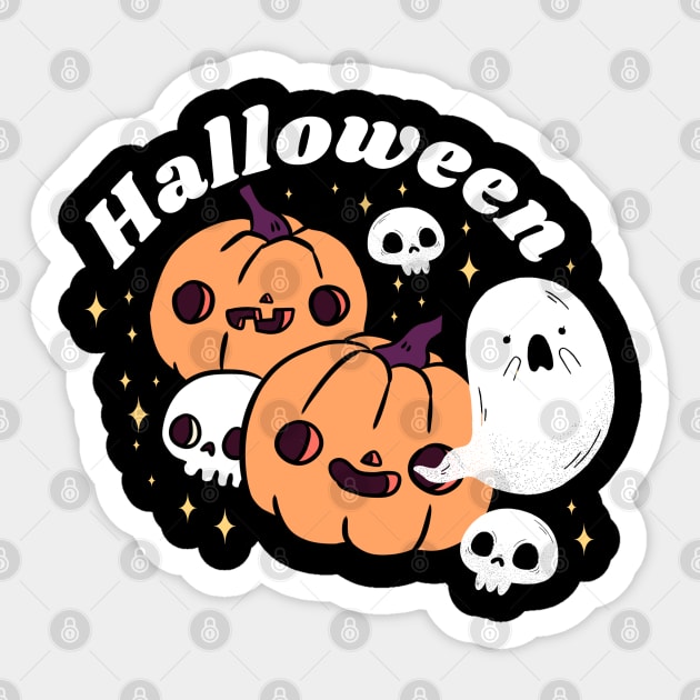 Happy cute pumpkin heads with a skull and adorable ghost friends Sticker by Yarafantasyart